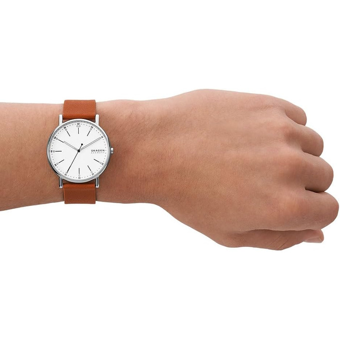 Годинник Skagen Signatur для чоловіків з кварцовим механізмом та шкіряним ремінцем (колір: коричневий та білий)