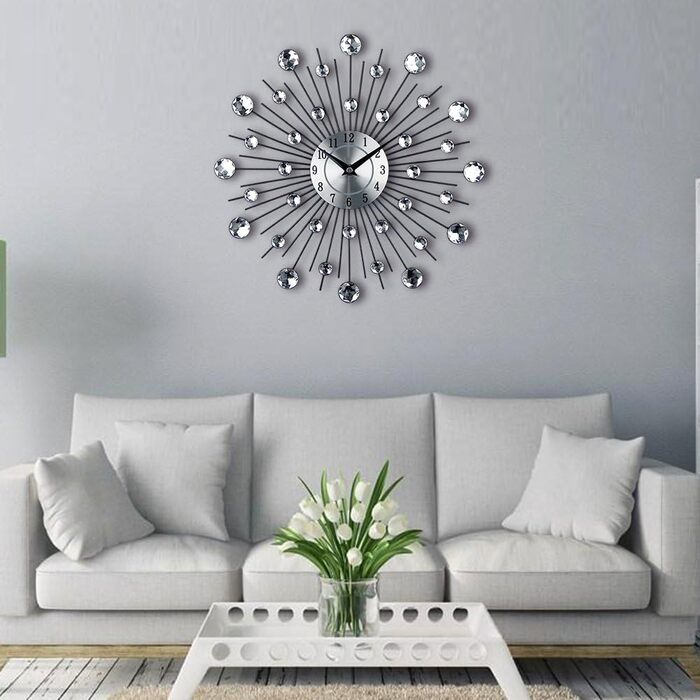 Silver Glitter Wall Clock, Large Kitchen Clock, Modern Designer Quartz Wall Clock, Analog Wall Clock (Silver)
