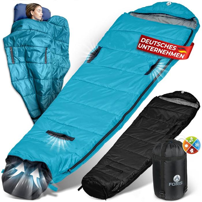 Сплячий мішок Foris® Mumienschlafsack для 3-4 сезонів | з системою вентиляції | -10-25°C | 80x215 см | Водонепроникний | для кемпінгу, фестивалів | блискавка справа (синій, блискавка зліва)