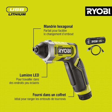 RYOBI 4V USB-Li-Ion акумуляторний шуруповерт ERGO RSD4-120TA2 (з акумулятором 4V 2.0Ah, USB-C зарядним кабелем та двома насадками)