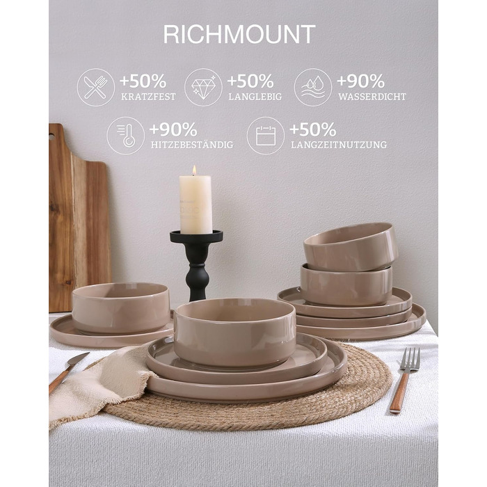 Набір посуду Nebula для 6 осіб, 18 предметів: тарілки та миски, керамічний набір Sprekel, сервіз, безпечний для мікрохвильової печі та посудомийної машини, колір кориця, 18 предметів