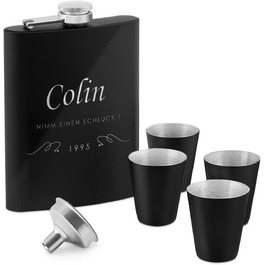 Набір Maverton Flachmann Set: фляга 200 мл з гравіюванням + 4 склянки для шнапсу 20 мл та воронка - фляга для чоловіків, матовий чорний колір