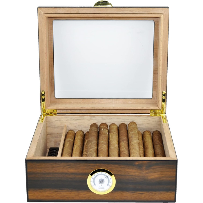 Вологозбережувач для сигар Eitida на 25-50 сигар з дисплеєм з загартованого скла, ручної роботи, з іспанського червоного кедру з перегородкою, зволожувачем та гігрометром, чорний ебоніт (Сантос Палісандр)