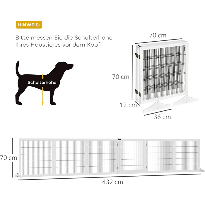 Захисне загородження для собак PawHut - регульоване, самостійне, дерев'яне, 6 панелей, 70H x 432B см