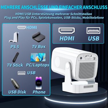 4K проєктор Beamer Full HD 1080P Android: портативний міні-проєктор з WiFi 6, Bluetooth 5.2, 270° обертанням, підтримкою PC/HDMI/USB, з пультом та мишкою, білий