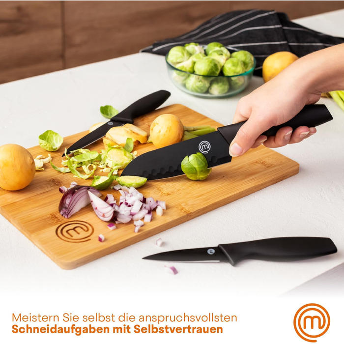 Набір кухонних ножів MasterChef: кухонний, овочевий, для чищення, нержавіюча сталь, антипригарне покриття, Soft-Touch ручки, чорний, 3 шт.