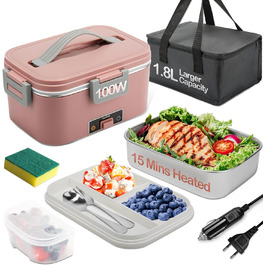 BYbrutek Electric Lunch Box 100W, 3-in-1 Portable Heated Lunch Box, 1.8L Stainless Steel Removable Food Container, 12V/24V/220V Insulated Food Warmer Box for Car/Truck/Office (Pink, 1.8 L)