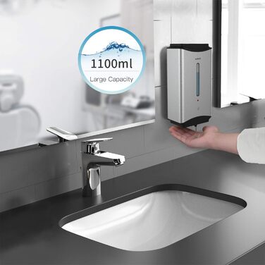 AIKE Automatic Stainless Steel Soap Dispenser - 1100ml Commercial Wall Mounted Soap Dispenser with Window, AK1206 Brushed Stainless Steel