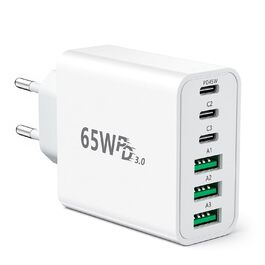 Зарядний пристрій USB-C 65W, 6 портів, мережевий адаптер для iPhone 17/16/15/14, iPad, Galaxy S25, планшетів та мобільних телефонів