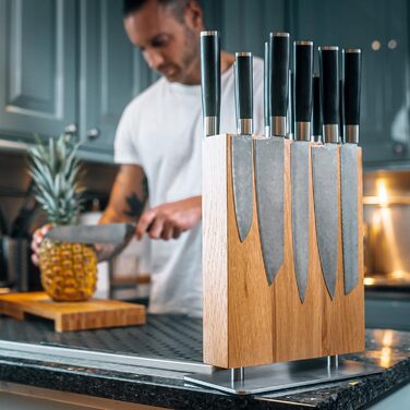 SEMPREZA® Magnetic Knife Block | 4-Sided Magnetic Knife Holder | Knife Block Holder | Knife Storage | Magnetic Knife Block without Knives, Wood Oak