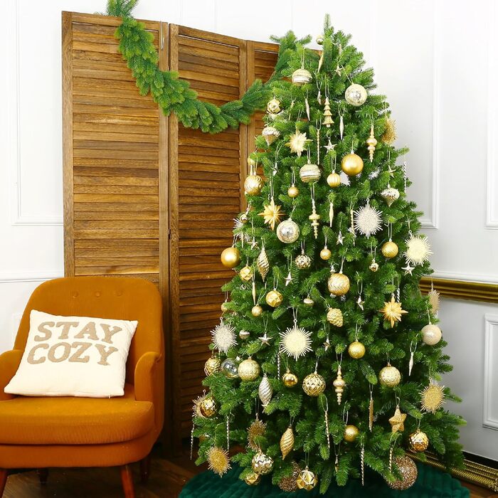 Набір ялинкових прикрас Shareconn, 80 шт., 4–12,5 см, міцні золоті пластикові кулі для ялинки, різдвяний декор, з ниткою для підвішування, темно- та світло-золоті кольори