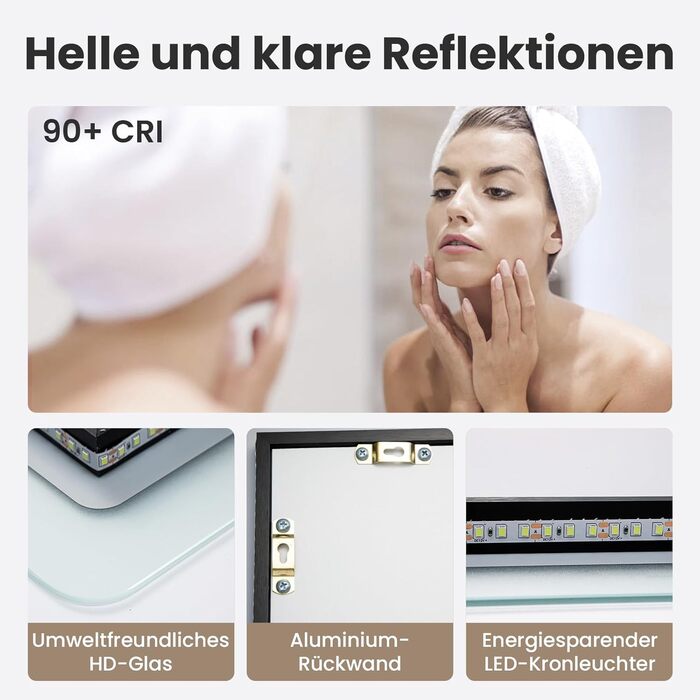 LED дзеркало для ванної кімнати з підсвічуванням 70x50 см, холодне біле світло 6000K, енергозберігаюче, настінне