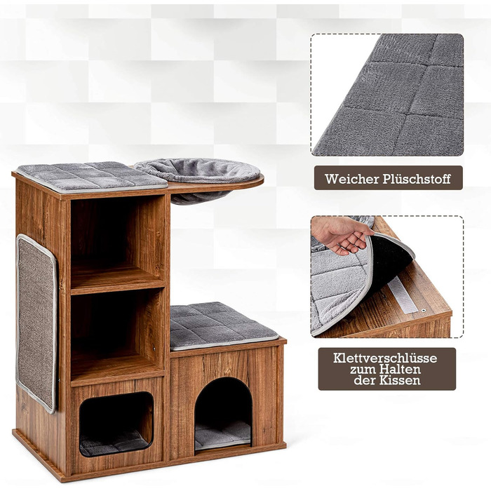 Кігтеточка для котів COSTWAY з будиночком та килимками, дерев'яний дім-кігтеточка, активний комплекс для котів 69x39x80,5 см, вінтажний стиль