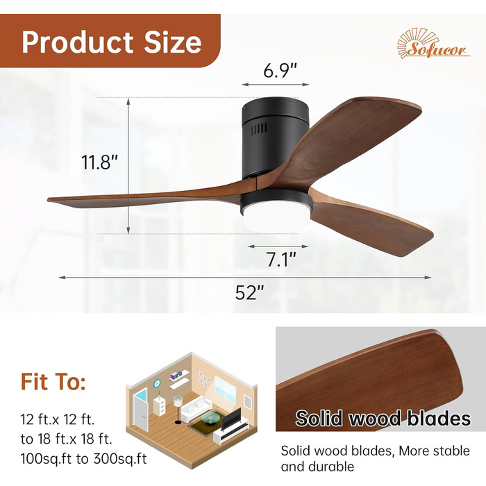 Стеляний вентилятор Sofucor з підсвічуванням, дистанційним керуванням, 3 лопатями з дерева, DC, таймер, 3 колірні температури, 6 швидкостей, режим літо/зима, з підсвічуванням та кріпленням Light+Flush, темне дерево