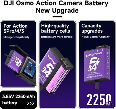 CITYORK Зарядний пристрій для DJI Osmo Action 3/4/5 Pro з 2250 mAh акумуляторами (2 шт.), Dual USB, LCD-дисплей
