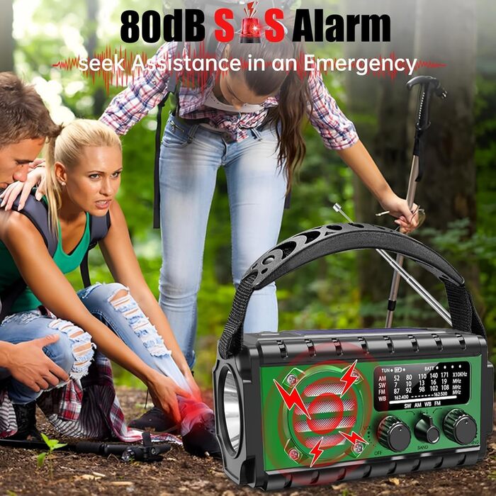 Радіо на сонячній батареї Solar Kurbelradio 20000mAh: FM/AM/SW, ліхтарик, зарядка USB, SOS-сигнал, для кемпінгу та надзвичайних ситуацій (зелене)