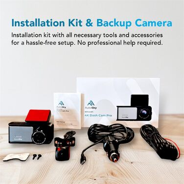 Відеореєстратор AutoSky 4K Dual GPS WiFi з двома камерами: фронтальна 4K Ultra HD, задня 1080P, широкий кут 140°, G-сенсор, циклічна та часова зйомка, нічне бачення, детекція руху
