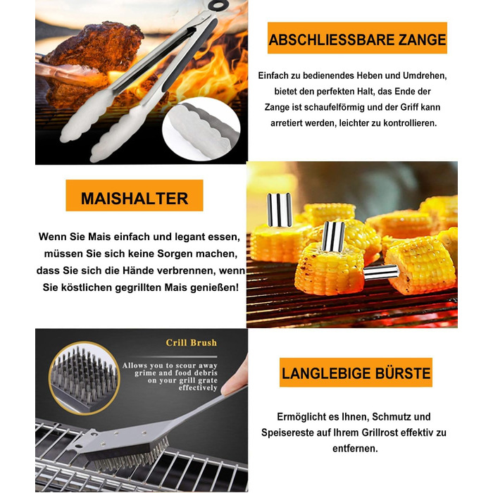 Набір гриль-посуду з нержавіючої сталі 20 предметів: щипці, лопатка, фартух для барбекю, кемпінгу та відпочинку на природі