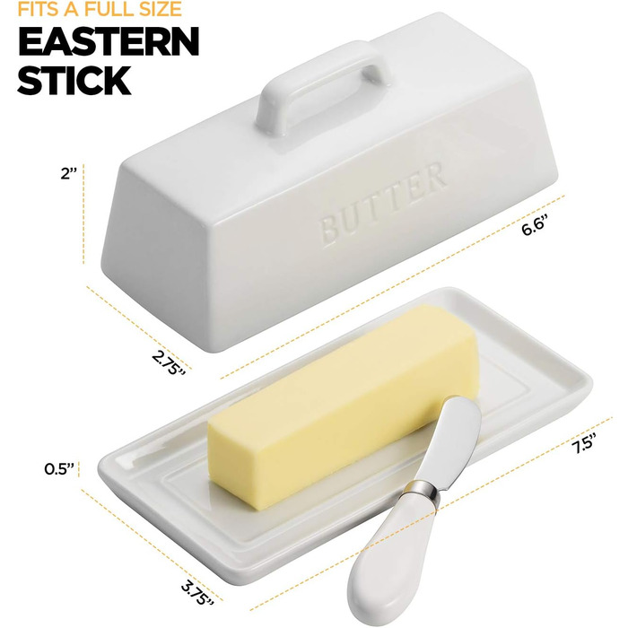 Ceramic Butter Dose Set with Lid and Knife, Decorative Butter Stick Holder with Handle for 1 Butter Stock, Microwave Safe, Dishwasher Safe, Includes Anti-Scratch Sticker