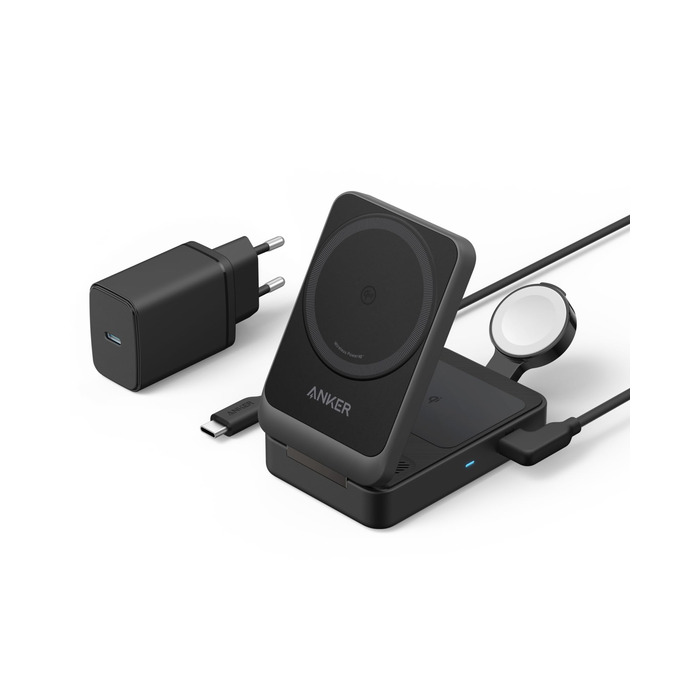 Anker MagGo 3-в-1 Бездротова Зарядна Станція Qi2 15W MagSafe для iPhone 17/16/15/14, Apple Watch 9, AirPods (з USB-C 40W адаптером) - Чорна