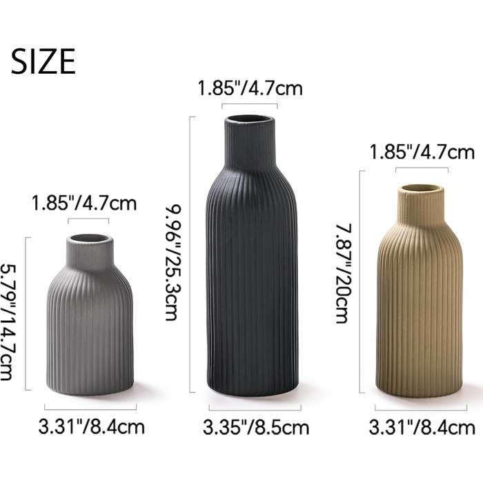 Керамічні вази 3 шт., Сучасний мінімалізм, декор для дому, вази для пампасних трав, вітальня (Хакі/Чорний/Сірий)