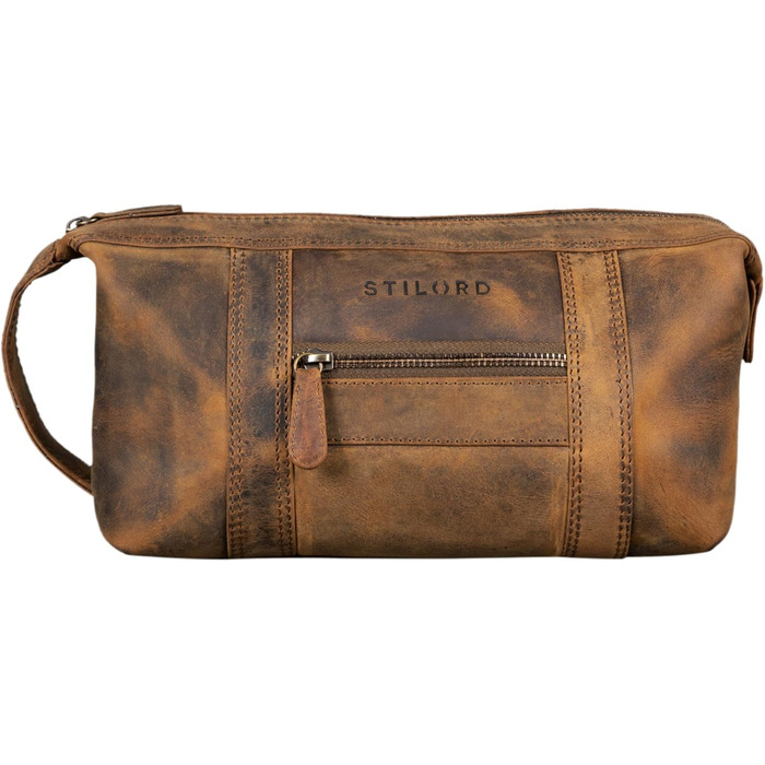 Сумка-органайзер STILORD 'Bruno' з натуральної шкіри Vintage для чоловіків та жінок. Велика дорожня косметичка з двома відділеннями, ручкою. Колір: (Мідно-коричневий)