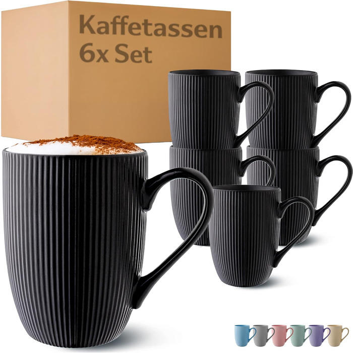 Coffee Mugs 6-Piece Set Modern Black - Unique Stripe Pattern - Matte Ceramic - Microwave Safe - Dishwasher Safe & Comfortable Handle