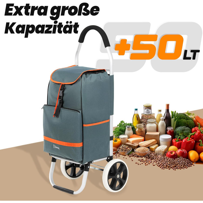 Тролей для покупок Eskey з відділенням для охолодження – великі колеса, складаний, водонепроникний, 50 л (Чорний, Cloud Gray)