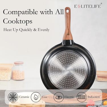 Набір сковорідок ESLITE LIFE 7-частинний з кришкою, антипригарне покриття, індукційні, з гранітною емалевою поверхнею та дерев'яним шпателем, чорний