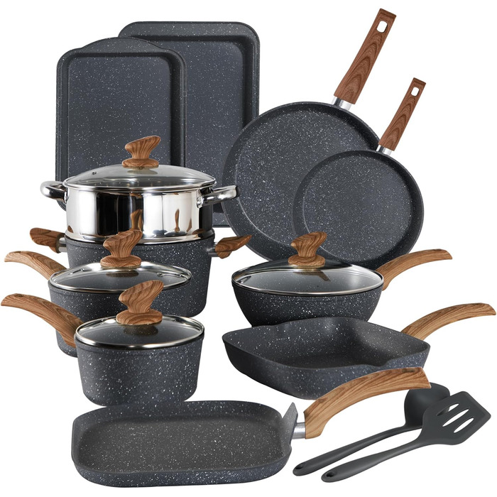 Kitchen Academy Induction Cookware Set, 17-Piece, Cookware Set with Glass Lids, Granite Pots and Pans Set Black 17 PCS Cookware Set Black