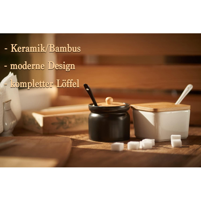 Цукорниця керамічна з бамбуковою кришкою та ложкою, цукровий контейнер (кругла, чорна)