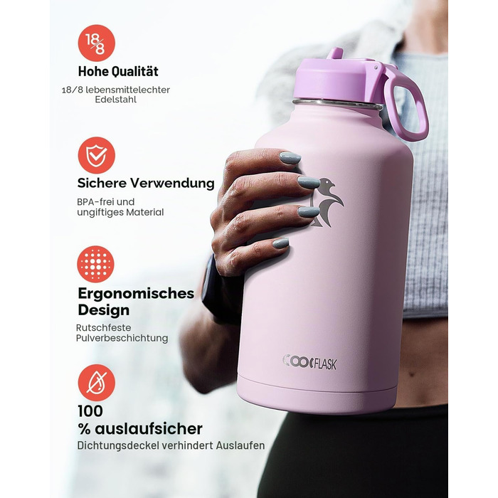 Термофляга Coolflask 2Л зі сталі з трубою та 3 кришками, вакуумна ізольована пляшка для води для спорту та подорожей, Starry Indigo Black (Рожевий, 1893 мл)