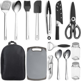Набір кухонного посуду Kyraton для кемпінгу, 15 предметів, нержавіюча сталь, ідеально підходить для подорожей, грилю, кемпінгу та піших прогулянок