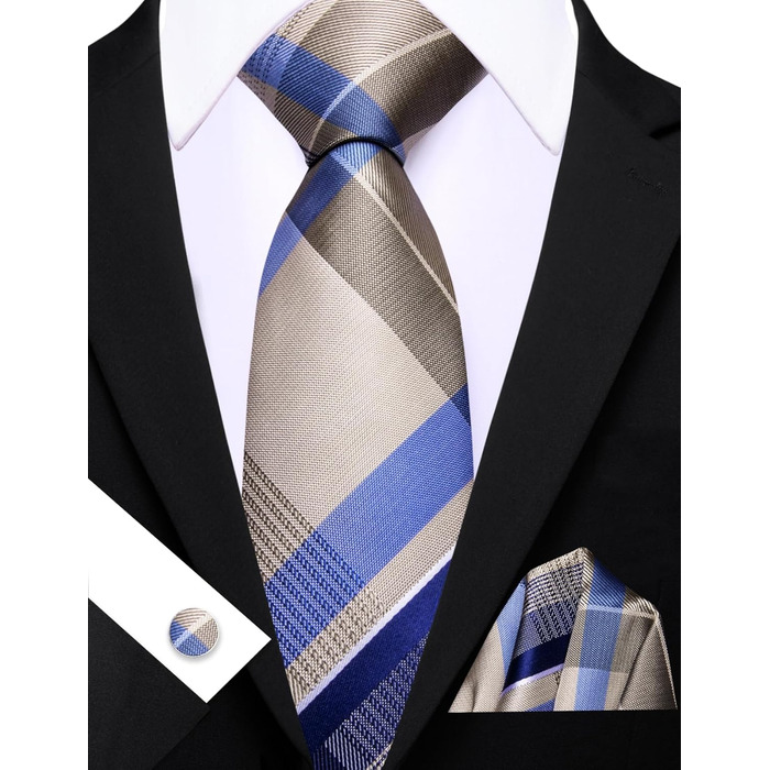 Набір краваток у клітинку Barry.Wang з хустинкою та запонками. Класична смугаста краватка для чоловіків (кремового кольору)