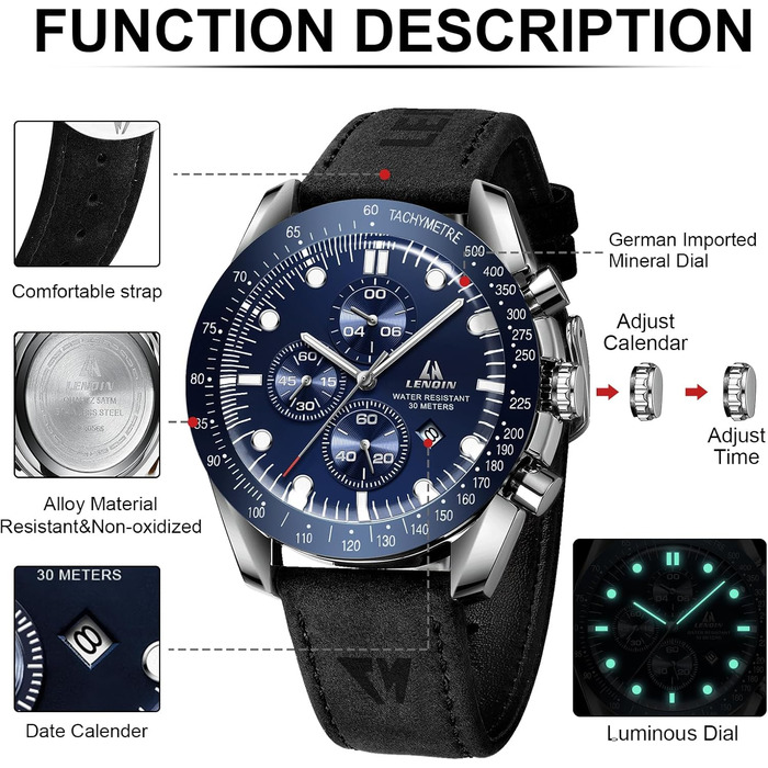 Годинник чоловічий LN LENQIN: аналоговий кварцовий годинник з датою, водостійкий 30M, стильний casual дизайн (чорний, срібний, блакитний)