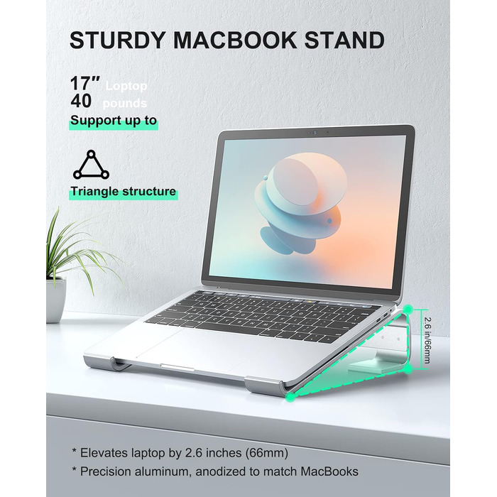 Підставка для ноутбука Soqool, ергономічна, з вентиляцією, сумісна з MacBook, Lenovo, Huawei, Acer, Dell, HP (10-17 дюймів), срібна