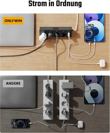 Розетка кутова ONLYWIN з 2 USB та 2 Type-C, 16A/3840W, настінний монтаж, 2м кабель, для офісу, кухні та вітальні, білий (чорний)