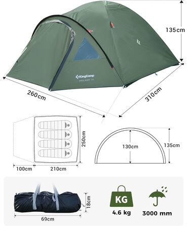Намет KingCamp для 4 осіб з тамбуром, водонепроникний 3000 мм, зелений - кемпінговий намет-купол для відпочинку на природі