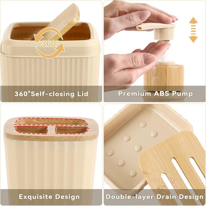 Набір аксесуарів для ванної кімнати 17 предметів: сміттєвий бак, дозатори мила, тримач для зубних щіток, мильниця, попільничка, 6 дерев'яних гачків, аксесуари для ванної кімнати з підносом (Бежевий)