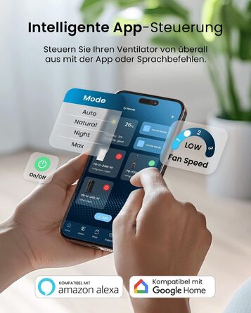 Вентилятор Pro Breeze 101см з ротором, Smart Home, Wi-Fi, LED дисплей, 6 швидкостей, тихий, 5 режимів, осциляція 60°, таймер 7год, чорний