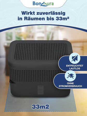 BonAura® Безструмний осушувач повітря - для підвалів, ванних кімнат та інших приміщень - 980г осушувального грануляту в комплекті - Осушувач повітря та гранулят для захисту від цвілі, Titanium Gray