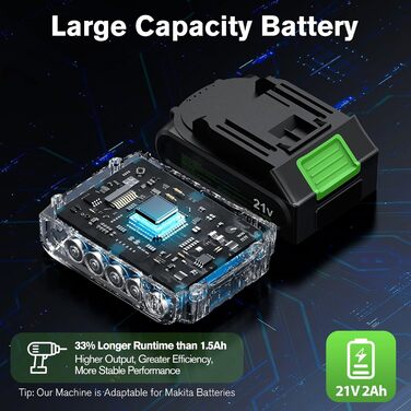 Ginour 21V акумуляторний ударний дриль-шуруповерт, комплект 47 предметів, сумісний з Makita 18V, 50 Nm, 2 швидкості, LED, 10 мм