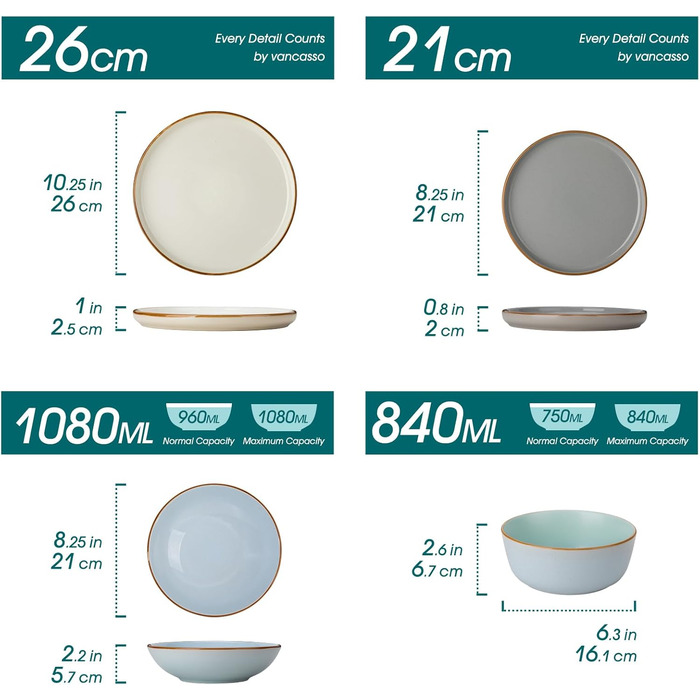 Набір посуду на 6 осіб Vancasso RENO 24-tlg: тарілки, супові тарілки, десертні тарілки, миски, комплект посуду з кераміки, 48 предметів