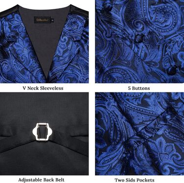 Костюмний комплект DiBanGu: жилет, краватка, хустинка, запонки, лапєль Pin (7 предметів) з паєчним візерунком, синій, XL