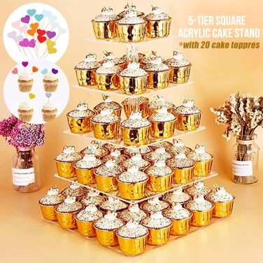 Підставка для капкейків з акрилу на 5 ярусів, 20 шпильок, прозора, для тортів та десертів, весілля, дні народження, барні вечірки, квадратна