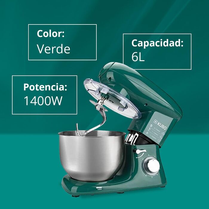 Kubo Food Processor - 7 Accessories: Mixing Bowl, Meat Grinder, Large Bowl, Protective Lid, Whisk, Mixer, and Dough Hook - Color: Green - Capacity: 6 Liters