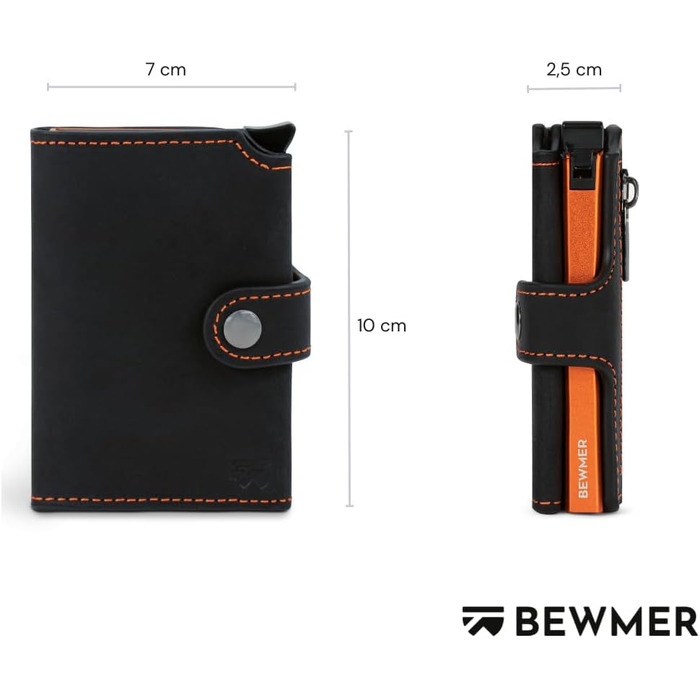 Шкіряний картхолдер BEWMER v2 з RFID-захистом та антиклонуванням, гаманець для чоловіків та жінок з монетницею та відділеннями для 9 карток, чорно-помаранчевий