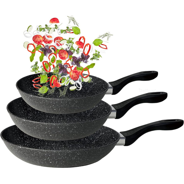 Набір сковорідок, чорний колір, з ефектом граніту - 3 шт. (28 см + 24 см + 20 см), антипригарне покриття, для індукційних, газових та склокерамічних плит