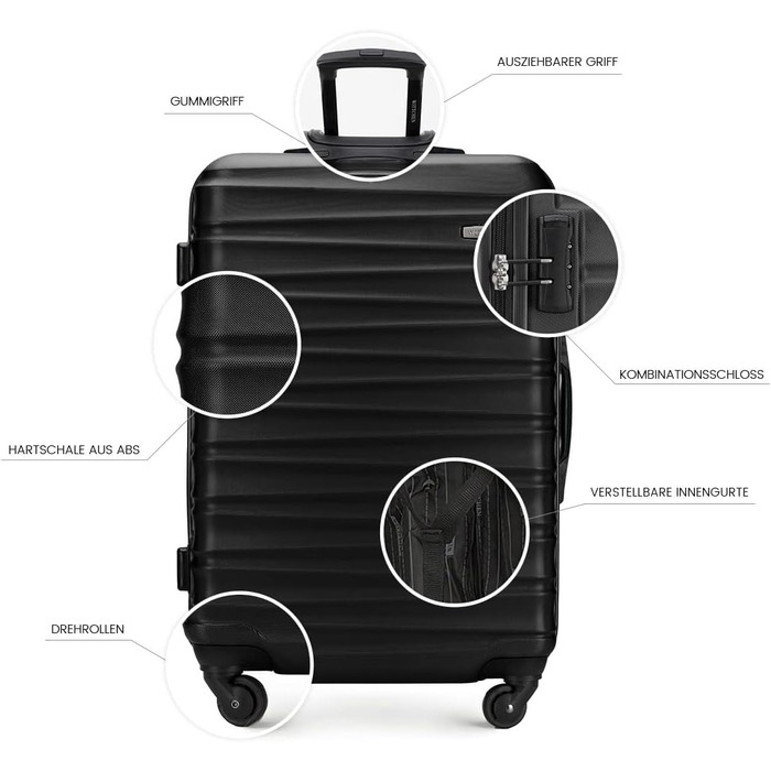 Набір валізWITTCHEN 3в1: велика, середня, маленька. Чорний, ABS, з коліщатками на 360°, TSA-замок. Підходить для Lufthansa, Eurowings, Ryanair, Condor