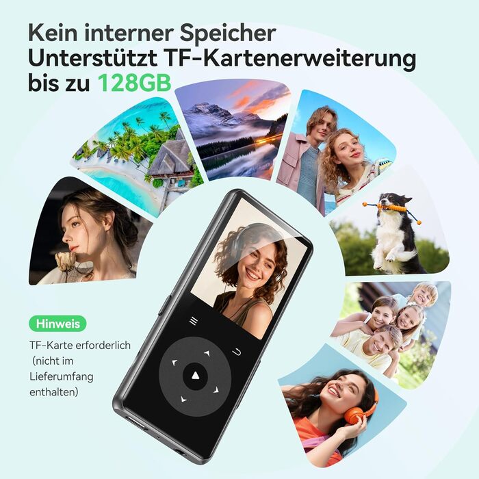 MP3 плеєр AGPTEK з Bluetooth, 1.8-дюймовий дисплей, вбудований динамік, FM-радіо, HiFi звук, підтримка карт пам'яті до 128 ГБ (Чорний)